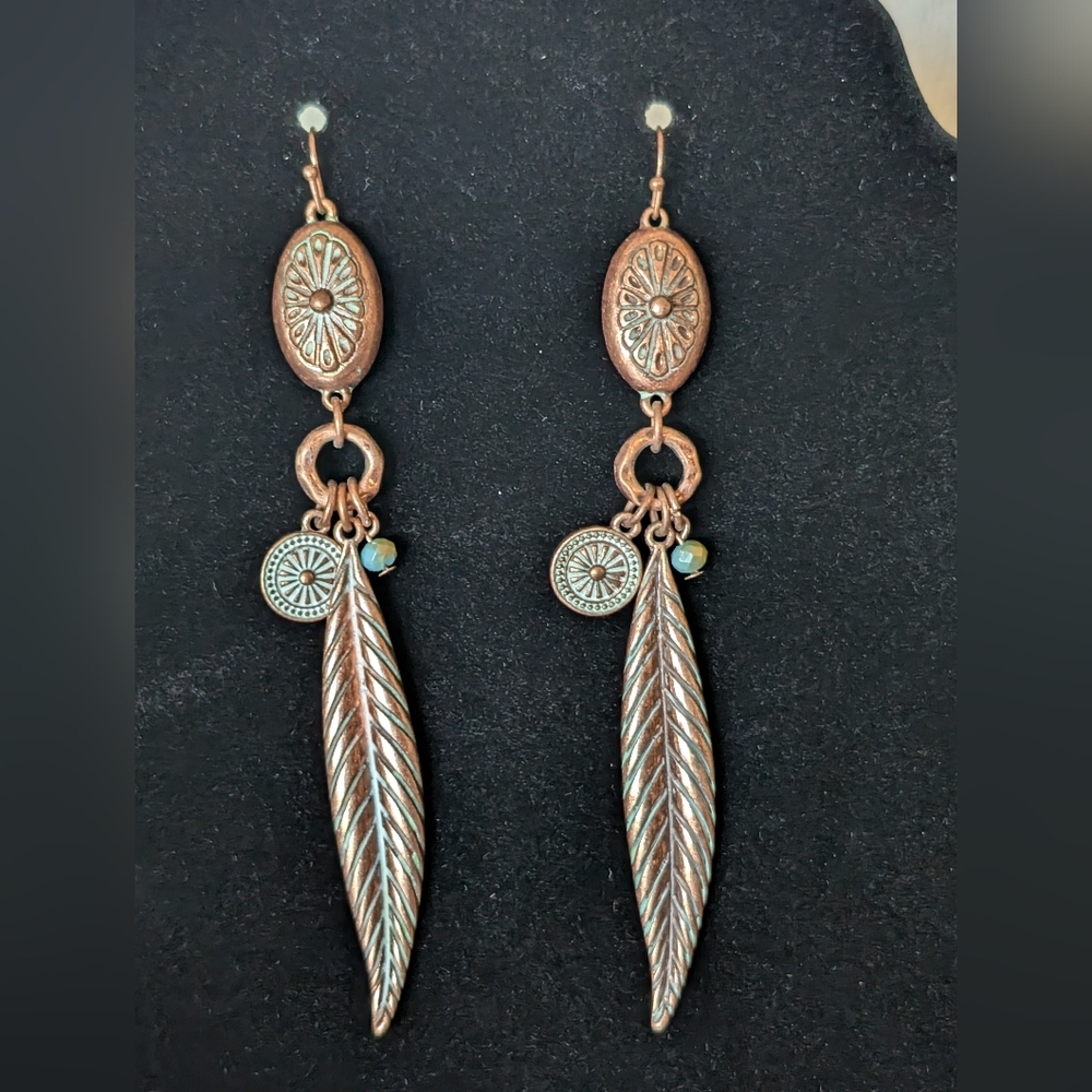 Copper-Tone Feather Drop Earrings with Turquoise Accents
